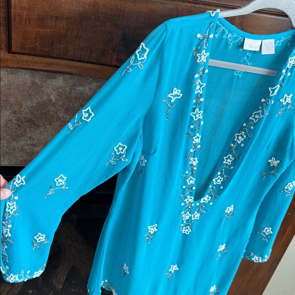 Turquoise semi sheer beaded embellished asymmetrical swim cover/ tunic Y2K M - Picture 4 of 13